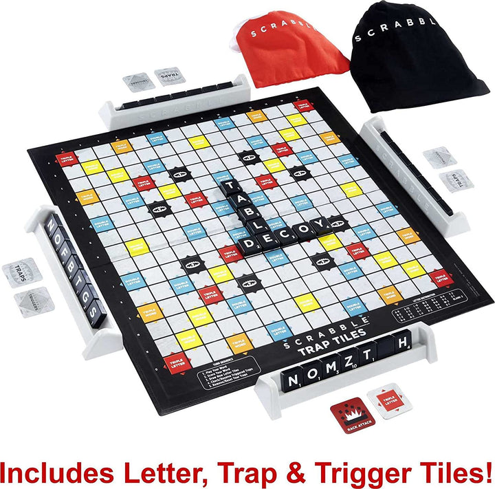 Scrabble Trap Tiles Family Board Game with, Traps, Trigger Tiles, Racks, Tile Ba