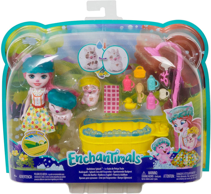 Enchantimals GJX36 BATHTIME Splash SPIELSET mit PETYA Pig Doll &amp; STREUSEL, Multi