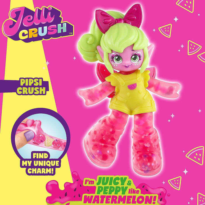 Jelli Crush Pipsi Crush Squishy, Smooshy, Stretchy Watermelon Pixie Themed Doll with Unique Charm Inside