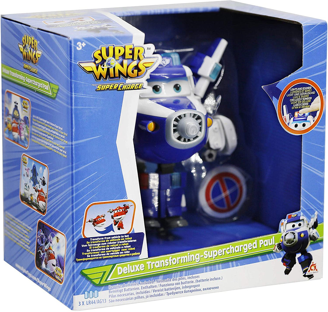 Super Wings EU740925 Paul (Supercharged) Deluxe-Transformationsfigur mit Lichtern und Geräuschen, Blau