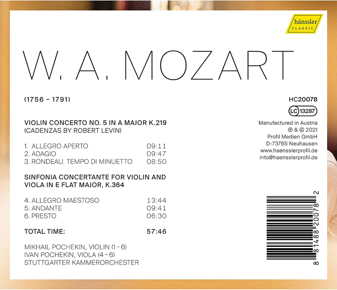 Mozart: Sinfonia Concertante [Mikhael Pochekin; Iwan Pochekin; Stuttgarter Kammerorchester] [Hanssler Classics: HC20078] [Audio CD]