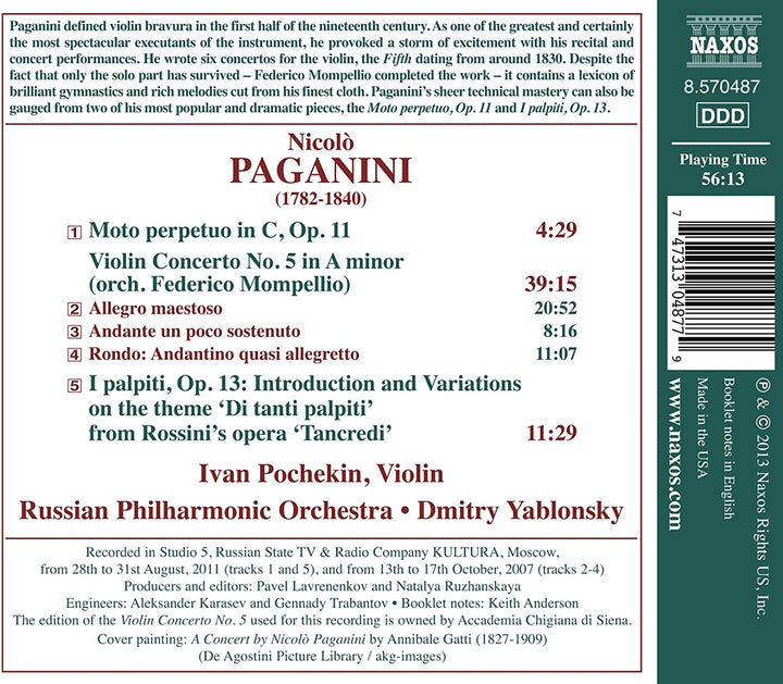 Paganini: Violin Concerto No. 5 (Ivan Pochekin, Dmitry Yablonsky, Russian Philharmonic Orchestra) (Naxos: 8570487) [Audio CD]