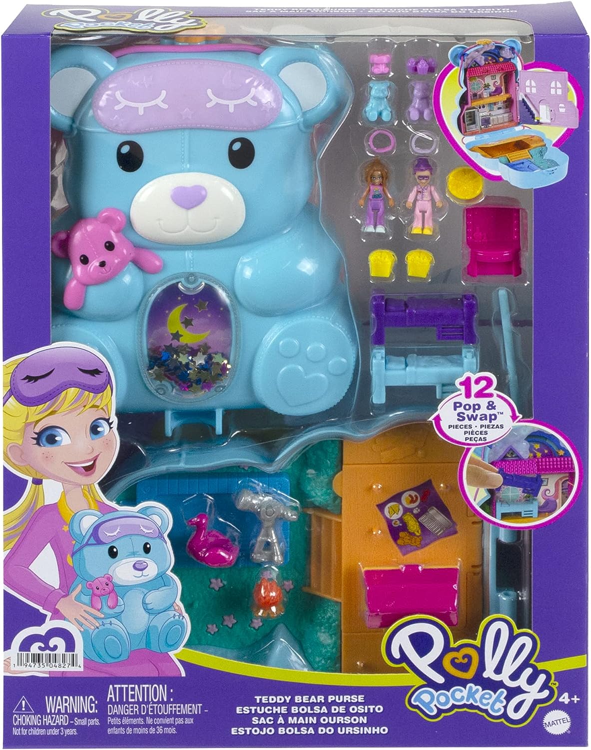 Polly Pocket Teddybär-Handtasche kompakt – Spielset mit 2 Mikropuppen und 16 Zubehörteilen für Kinder ab 4 Jahren
