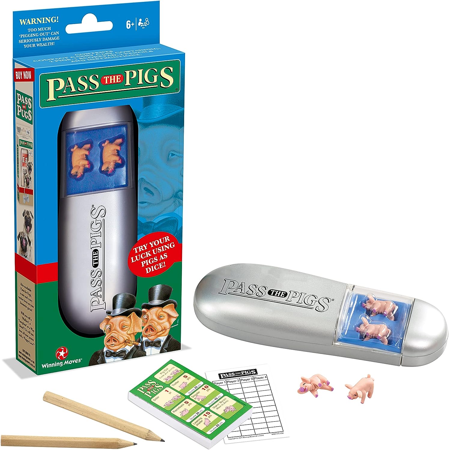 PASS THE PIGS Würfelspiel – Klassisches Party- und Reisespiel mit 2 Schweinen, Regelbuch, Punktekarten und Bleistiften