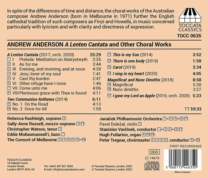 Rebecca Rashleigh - Anderson: A Lenten Cantata and other Choral Works [Various] [Toccata Classics: T [Audio CD]