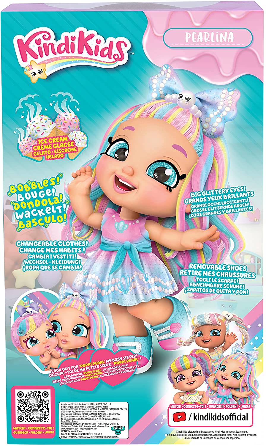 Kindi Kids Pearlina Summer Ice Cream Scented Big Sister Official 10 Inch Toddler Doll with Bobble Head, Big Glitter Eyes, Changeable Clothes and Removable Shoes