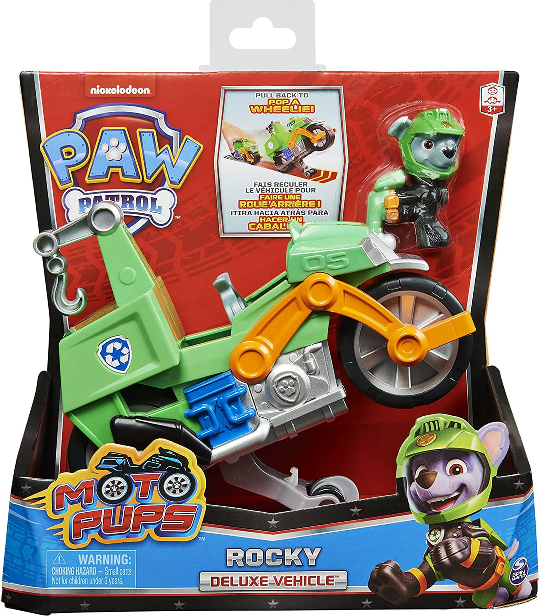 PAW Patrol Moto Pups Rocky's Deluxe-Rückziehmotorradfahrzeug mit Wheelie Fe