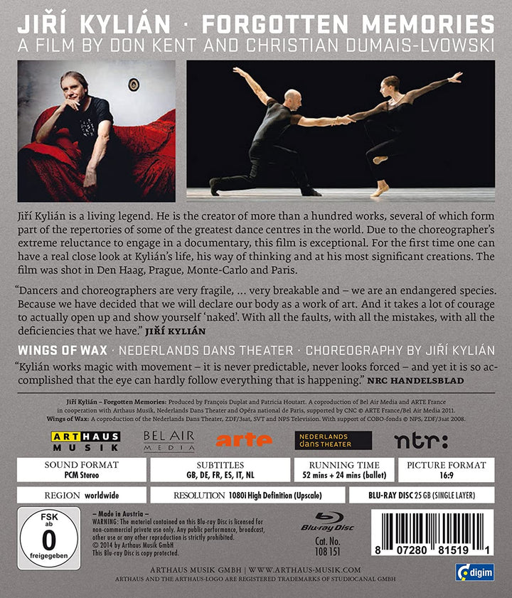 Kylian:Forgotten Memories [Nederalnds Dance Theater; Jiri Kylian] [ARTHAUS [Region A & B & C] [2015] - [Blu-ray]