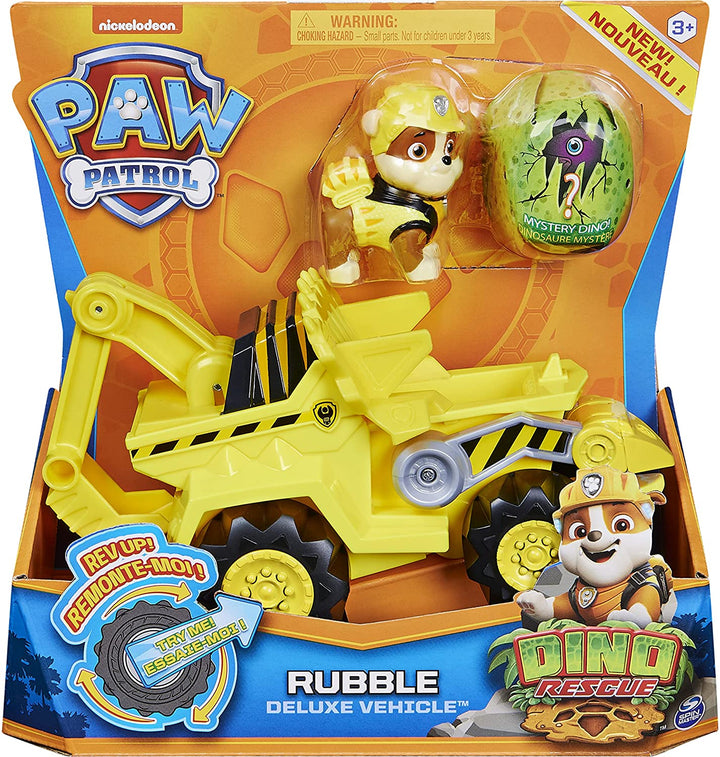 PAW Patrol, Dino Rescue Rubble’s Deluxe Rev Up Vehicle with Mystery Dinosaur Fig