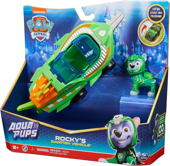 Paw Patrol Aqua Pups Rocky Transforming Sawfish Vehicle with Collectible Action Figure