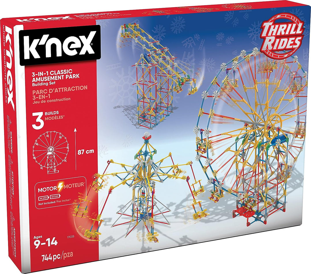 K'NEX 17035 Thrill Rides 3-in-1 Classic Amusement Park Building Set, 744 Piece Kids Building Set for Creative Play, Hours of Fun Making Three Fair Ground Rides, Suitable for Boys and Girls Aged 9+