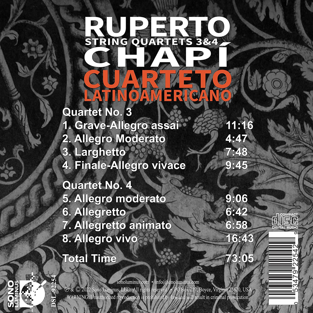 Chapi: String Quartets 3 & 4 [Cuarteto Latinoamericano] [Sono Luminus: DSL-92254] [Audio CD]