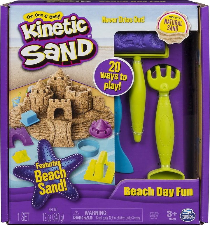 The One and Only Kinetic Sand, Beach Day Fun Playset with Castle Moulds, Tools and 12oz of Kinetic Sand for Ages 3 and Up