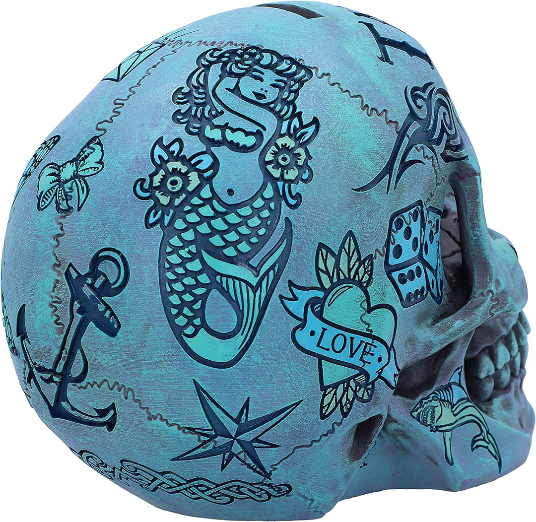 Nemesis Now Aqua Blue Traditional, Tribal Tattoo Fund Skull, Polyresin, One Size