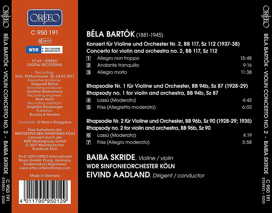 Bartok: Violin Concerto No. 2 [Baiba Skride; WDR Sinfonieorchester Köln; Eivind Aadland] [Orfeo: C950191] [Audio CD]