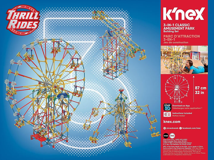 K'NEX 17035 Thrill Rides 3-in-1-Bauset für klassische Vergnügungsparks, 744-teiliges Kinderbauset für kreatives Spielen, stundenlanger Spaß beim Bauen von drei Fahrgeschäften auf dem Messegelände, geeignet für Jungen und Mädchen ab 9 Jahren